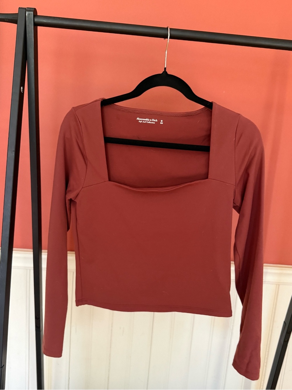 Abercrombie & Fitch Square Neck Long Sleeve Top in Rust Red
